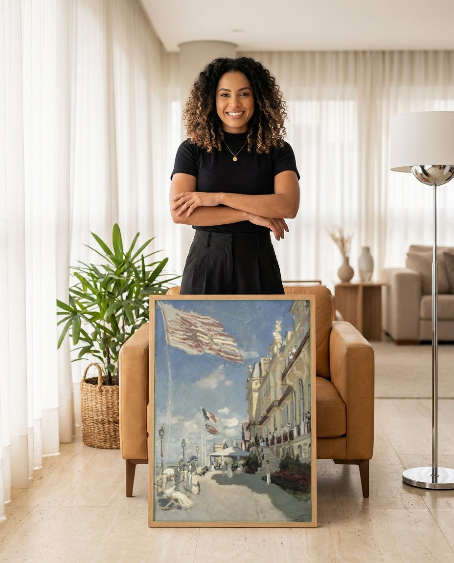 Quadro Decorativo A Rua Montorgueil em Paris - Claude Monet | modelo apresentando o quadro emoldurado