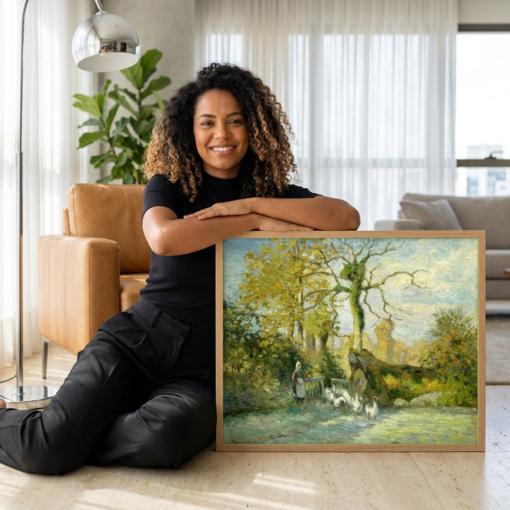Quadro Decorativo A Guardiã dos Gansos - Pissarro | modelo apresentando o quadro emoldurado