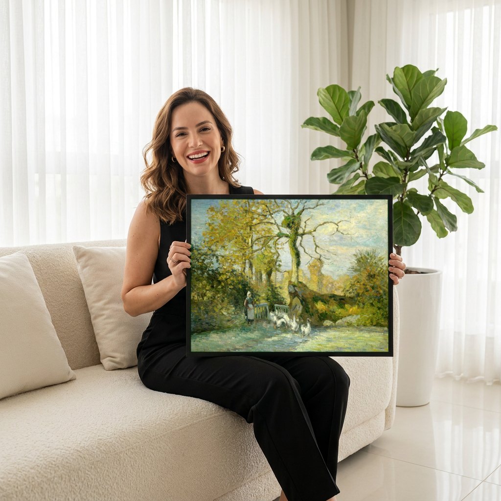 Quadro Decorativo A Guardiã dos Gansos - Pissarro | modelo apresentando o quadro emoldurado