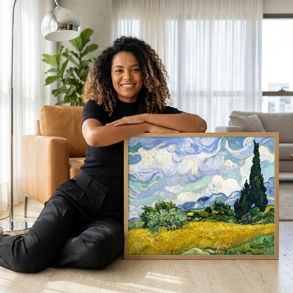 Quadro Decorativo Campo de Trigo com Ciprestes - Van Gogh | modelo apresentando o quadro emoldurado