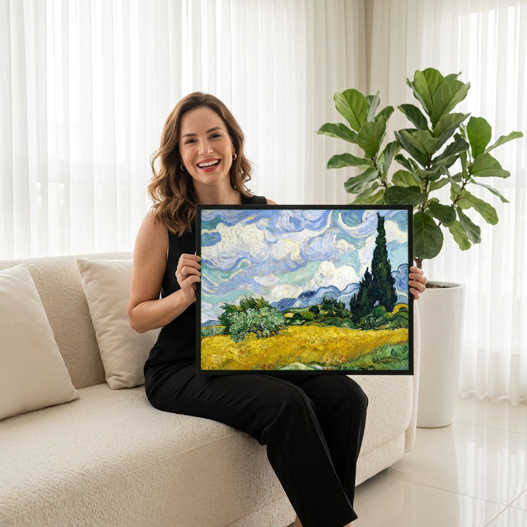 Quadro Decorativo Campo de Trigo com Ciprestes - Van Gogh | modelo apresentando o quadro emoldurado