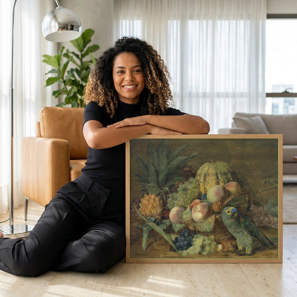 Quadro Decorativo Natureza-Morta com Papagaio - Waldmüller | modelo apresentando o quadro emoldurado