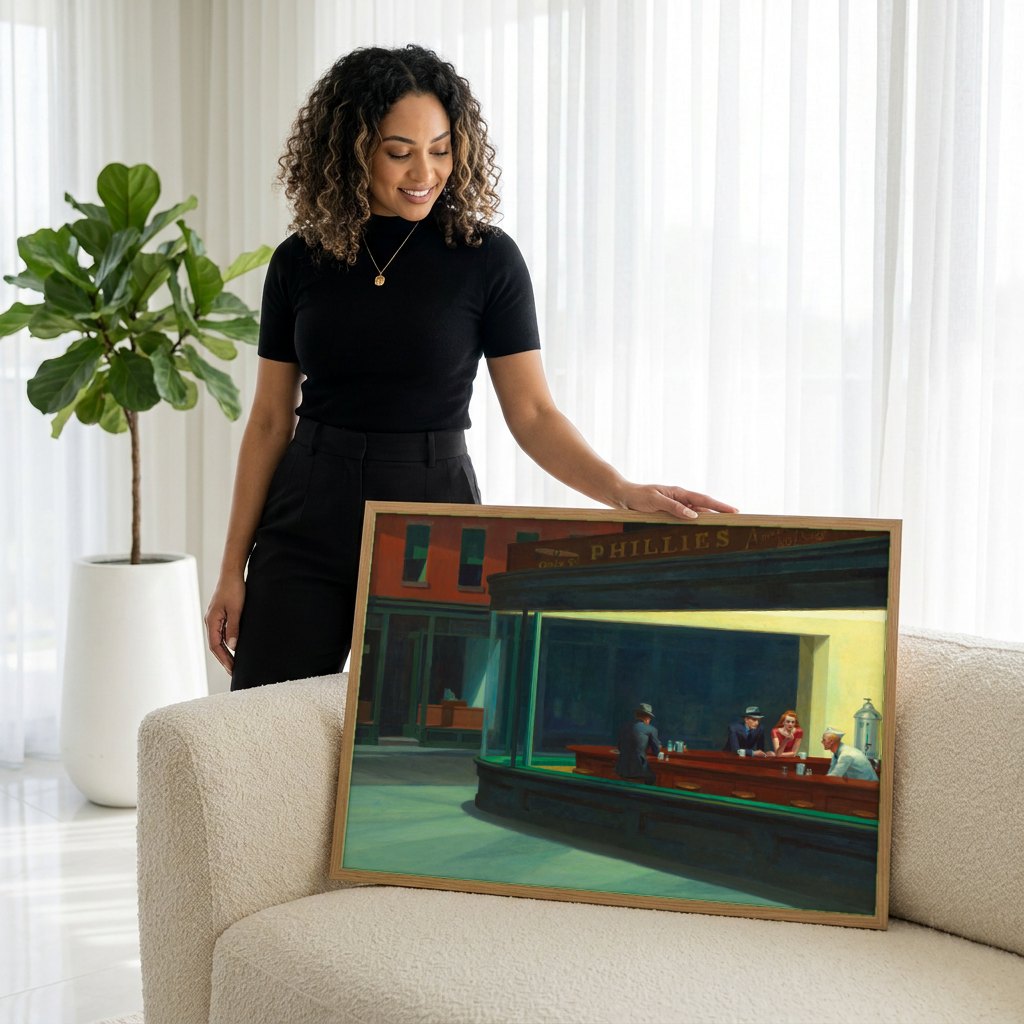 Quadro Decorativo Nighthawks - Edward Hopper | modelo apresentando o quadro emoldurado