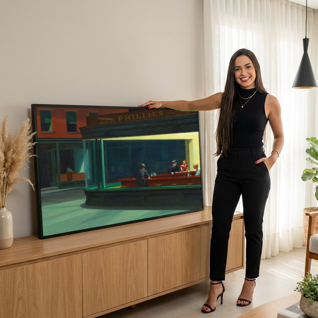 Quadro Decorativo Nighthawks - Edward Hopper | modelo apresentando o quadro emoldurado