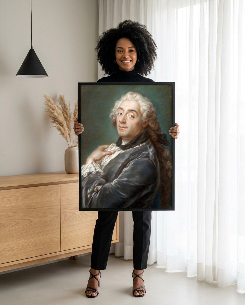 Quadro Decorativo Retrato de Homem com Peruca - François Boucher | modelo apresentando o quadro emoldurado