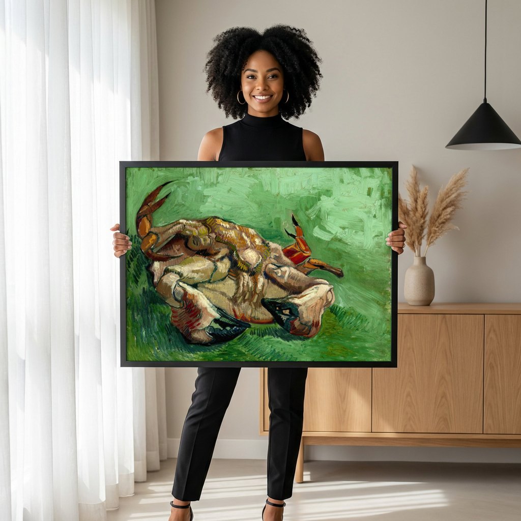 Quadro Decorativo Caranguejo de Cabeça para Baixo - Van Gogh | modelo apresentando o quadro emoldurado
