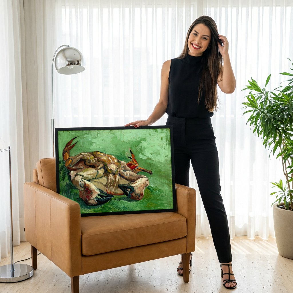 Quadro Decorativo Caranguejo de Cabeça para Baixo - Van Gogh | modelo apresentando o quadro emoldurado
