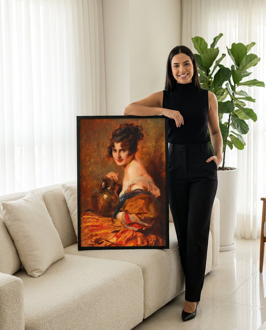 Quadro Decorativo A Jovem com Jarro - Leopold Schmutzler | modelo apresentando o quadro emoldurado