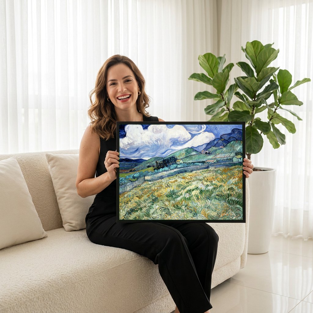 Quadro Decorativo Campo de Trigo com Ciprestes - Van Gogh | modelo apresentando o quadro emoldurado