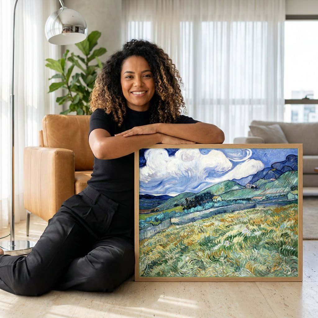 Quadro Decorativo Campo de Trigo com Ciprestes - Van Gogh | modelo apresentando o quadro emoldurado