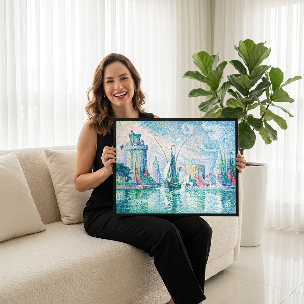 Quadro Decorativo Porto de La Rochelle - Paul Signac | modelo apresentando o quadro emoldurado