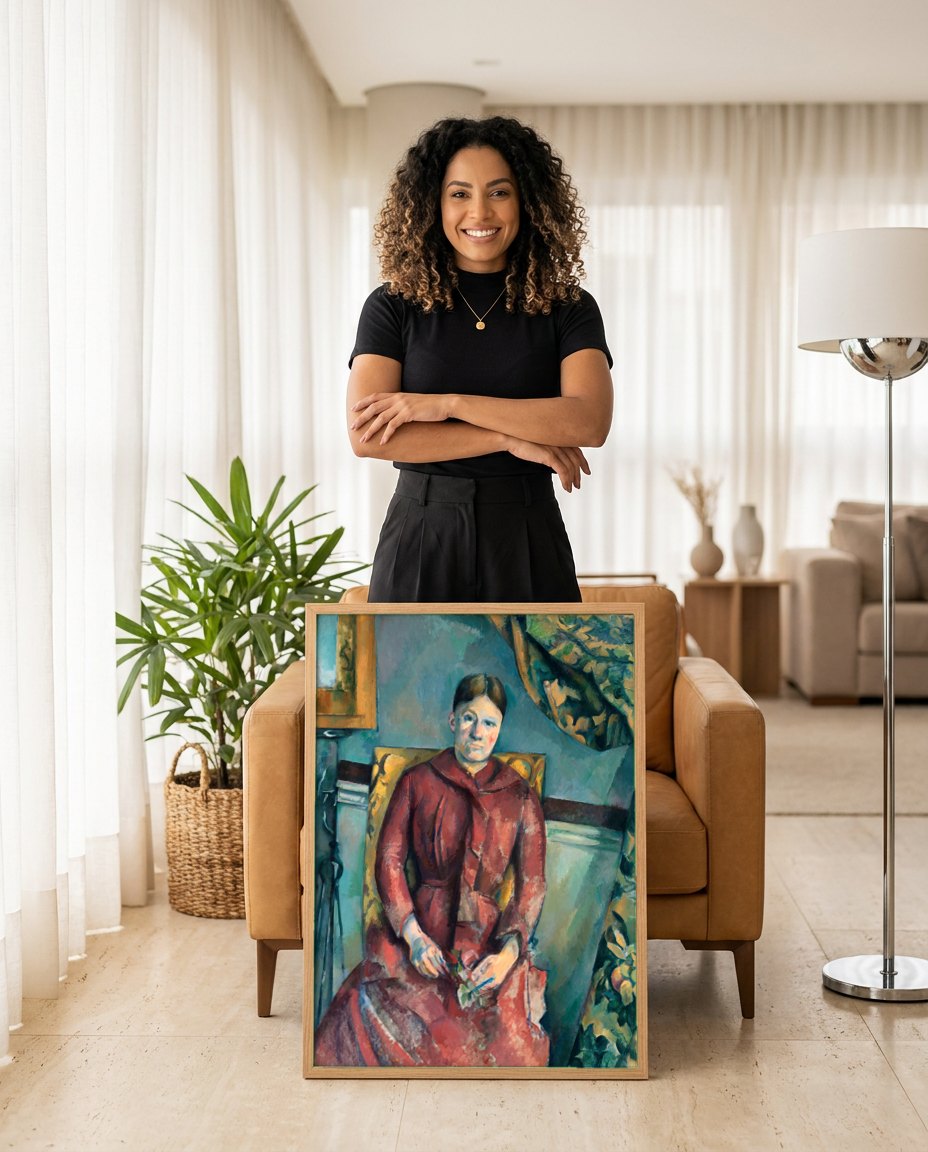 Quadro Decorativo A Mulher de Vermelho - Paul Cézanne | modelo apresentando o quadro emoldurado