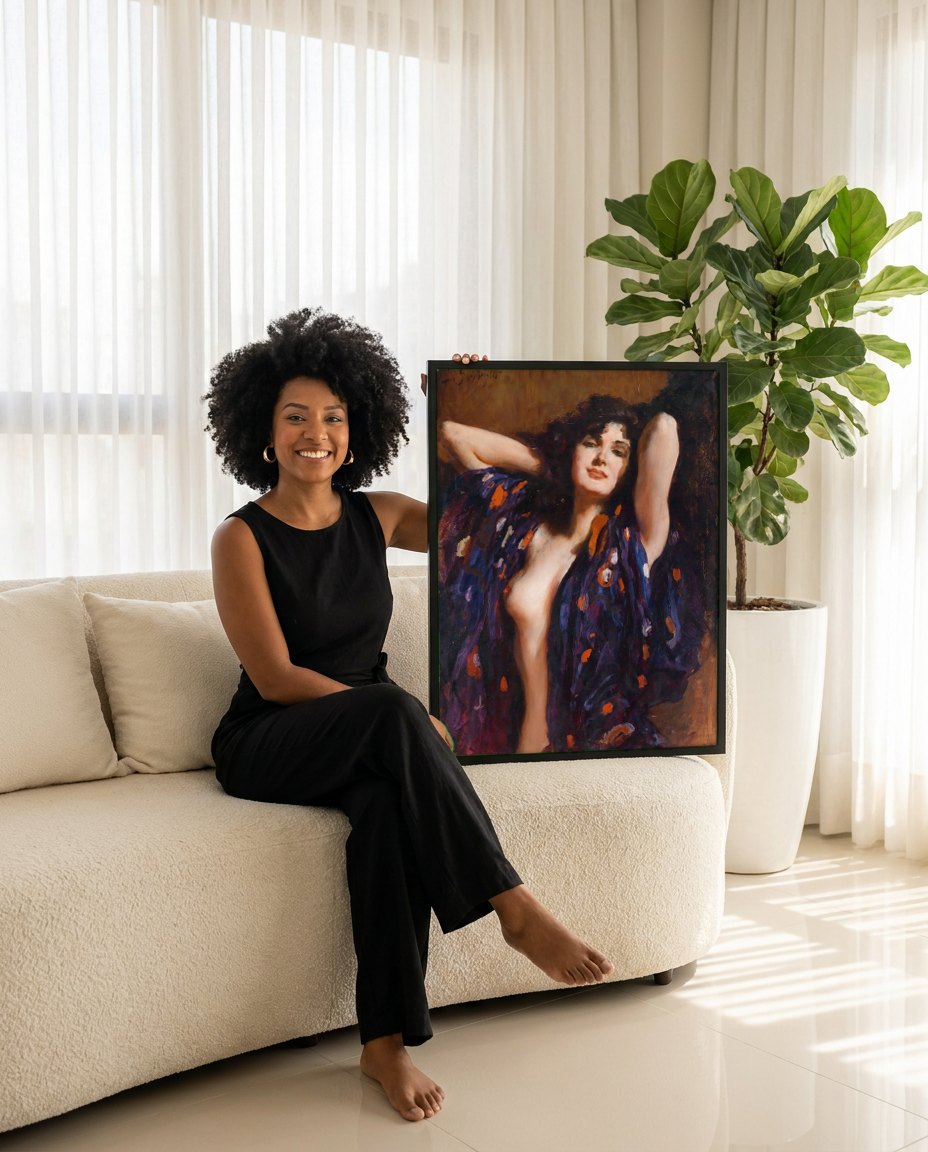Quadro Decorativo A Dama do Quimono - Leopold Schmutzler | modelo apresentando o quadro emoldurado