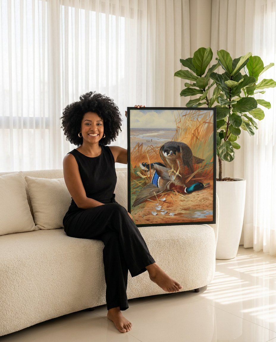 Quadro Decorativo Falcão-peregrino com Pato - Thorburn | modelo apresentando o quadro emoldurado
