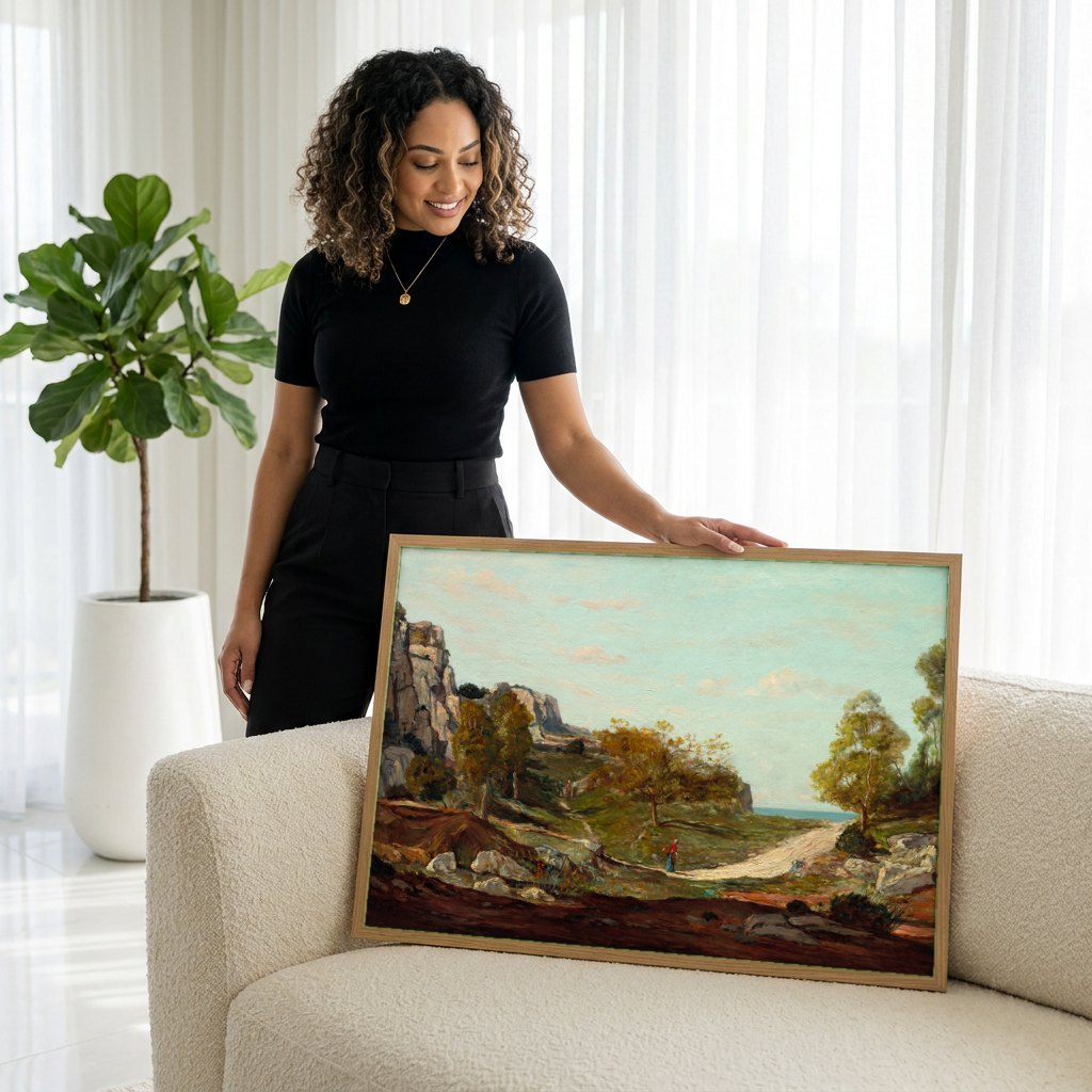Quadro Decorativo Paisagem com Figuras - Paul Gauguin | modelo apresentando o quadro emoldurado