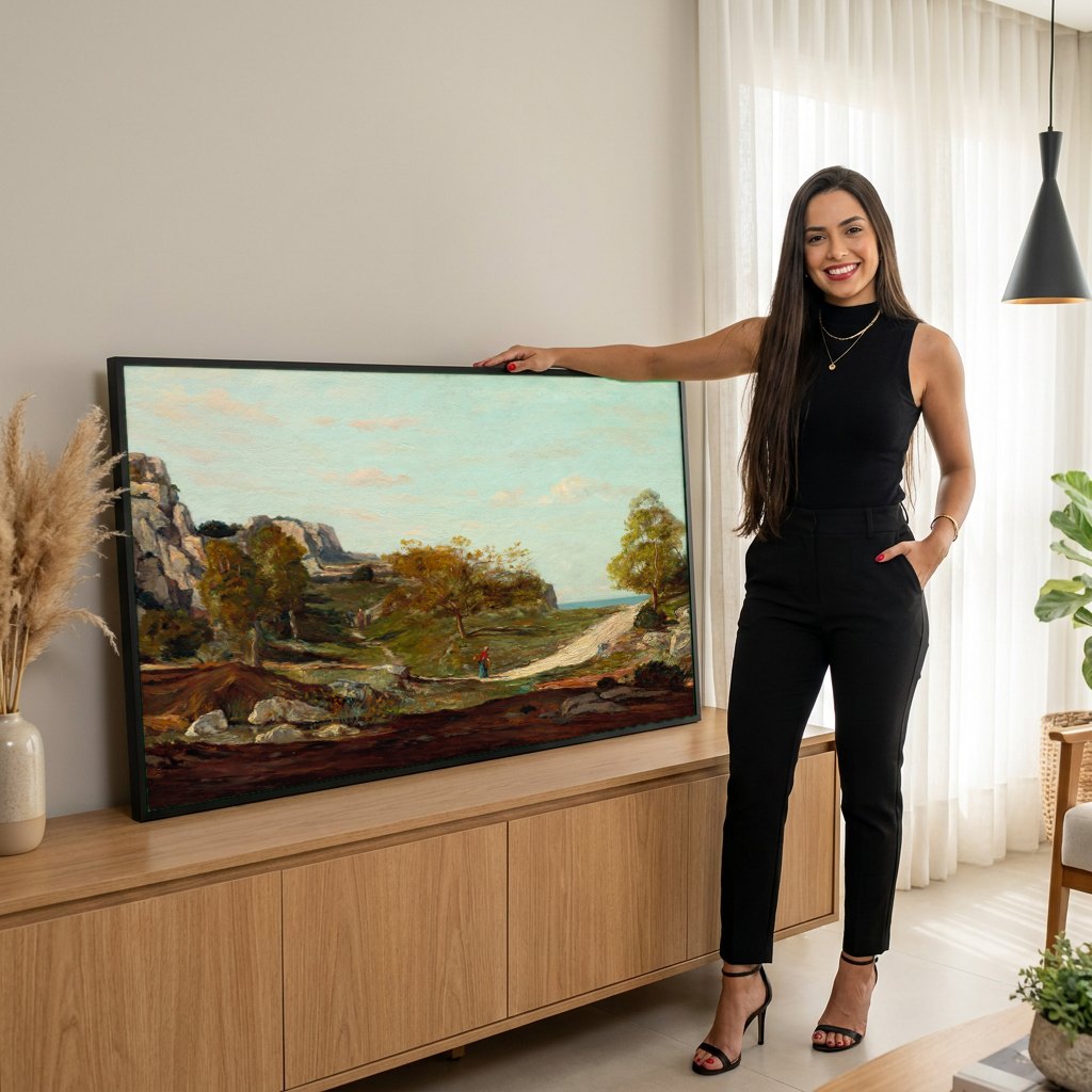 Quadro Decorativo Paisagem com Figuras - Paul Gauguin | modelo apresentando o quadro emoldurado