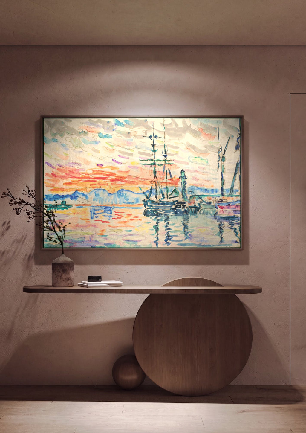 Quadro Decorativo Porto ao Pôr do Sol - Paul Signac em ambiente decorado