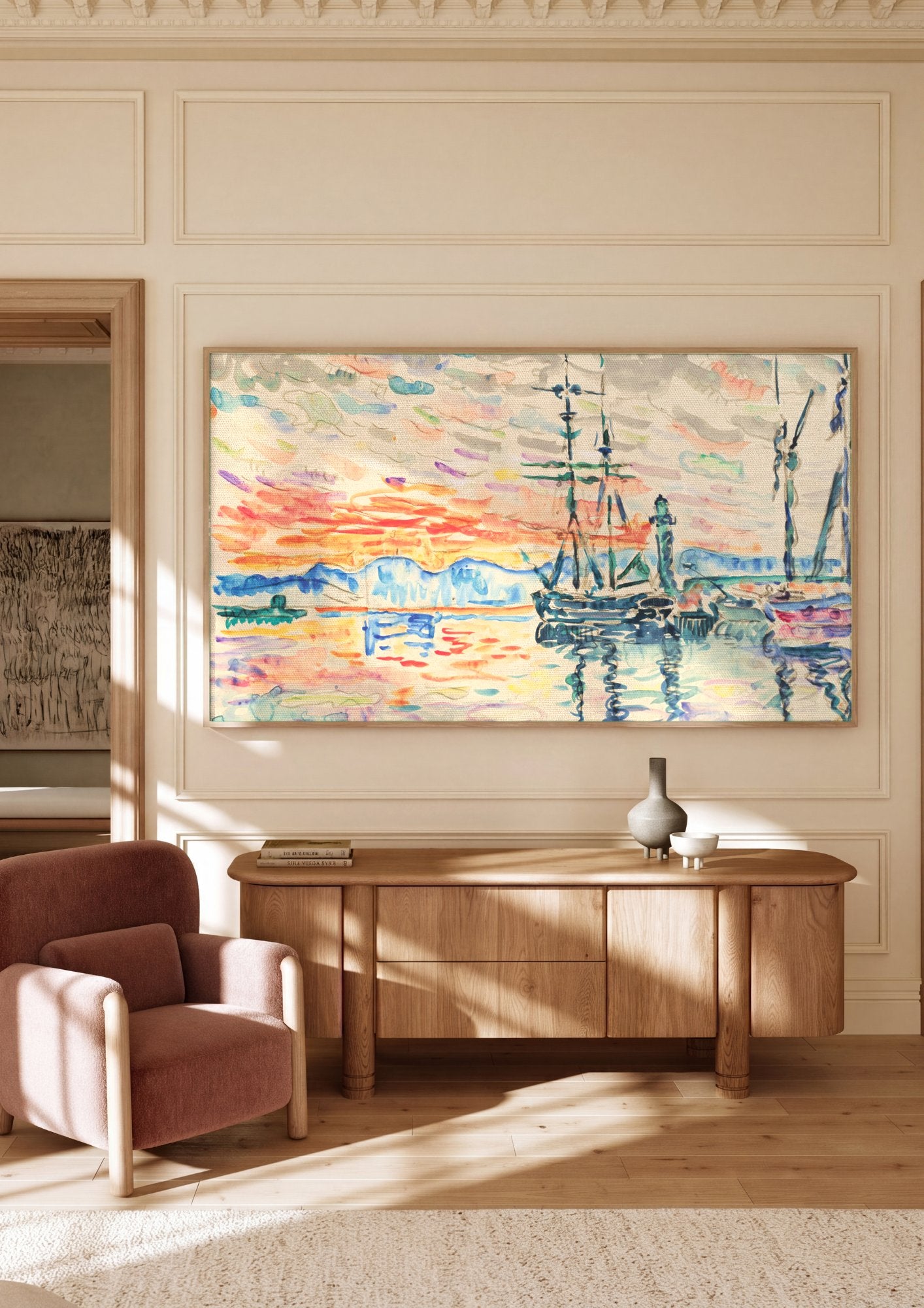 Quadro Decorativo Porto ao Pôr do Sol - Paul Signac em ambiente decorado