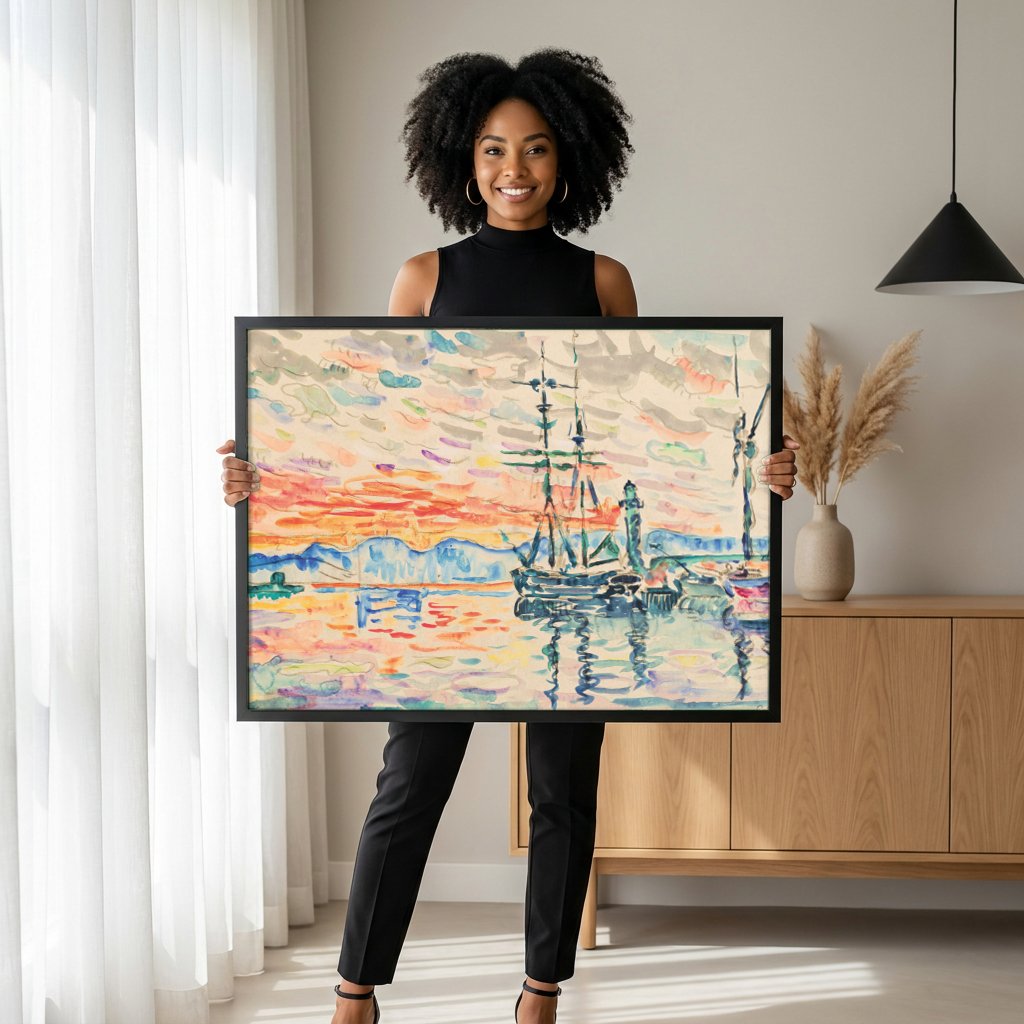 Quadro Decorativo Porto ao Pôr do Sol - Paul Signac com modelo em ambiente