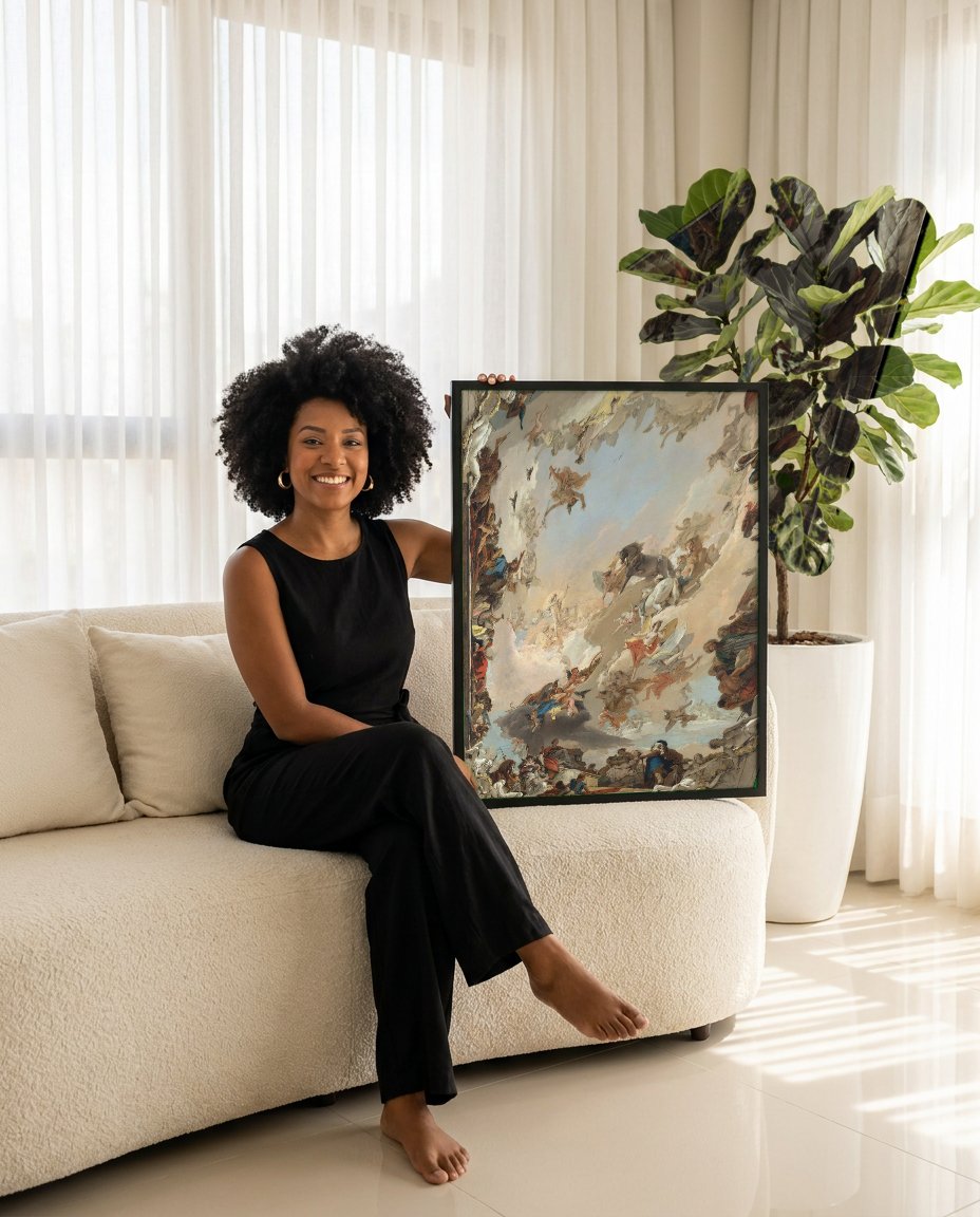 Quadro Decorativo Alegoria das Quatro Partes do Mundo - Tiepolo com modelo em ambiente
