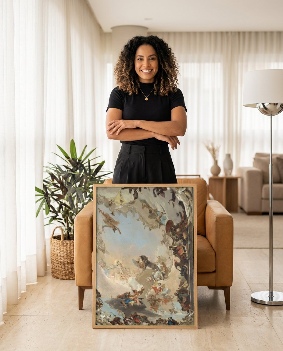 Quadro Decorativo Alegoria das Quatro Partes do Mundo - Tiepolo com modelo em ambiente