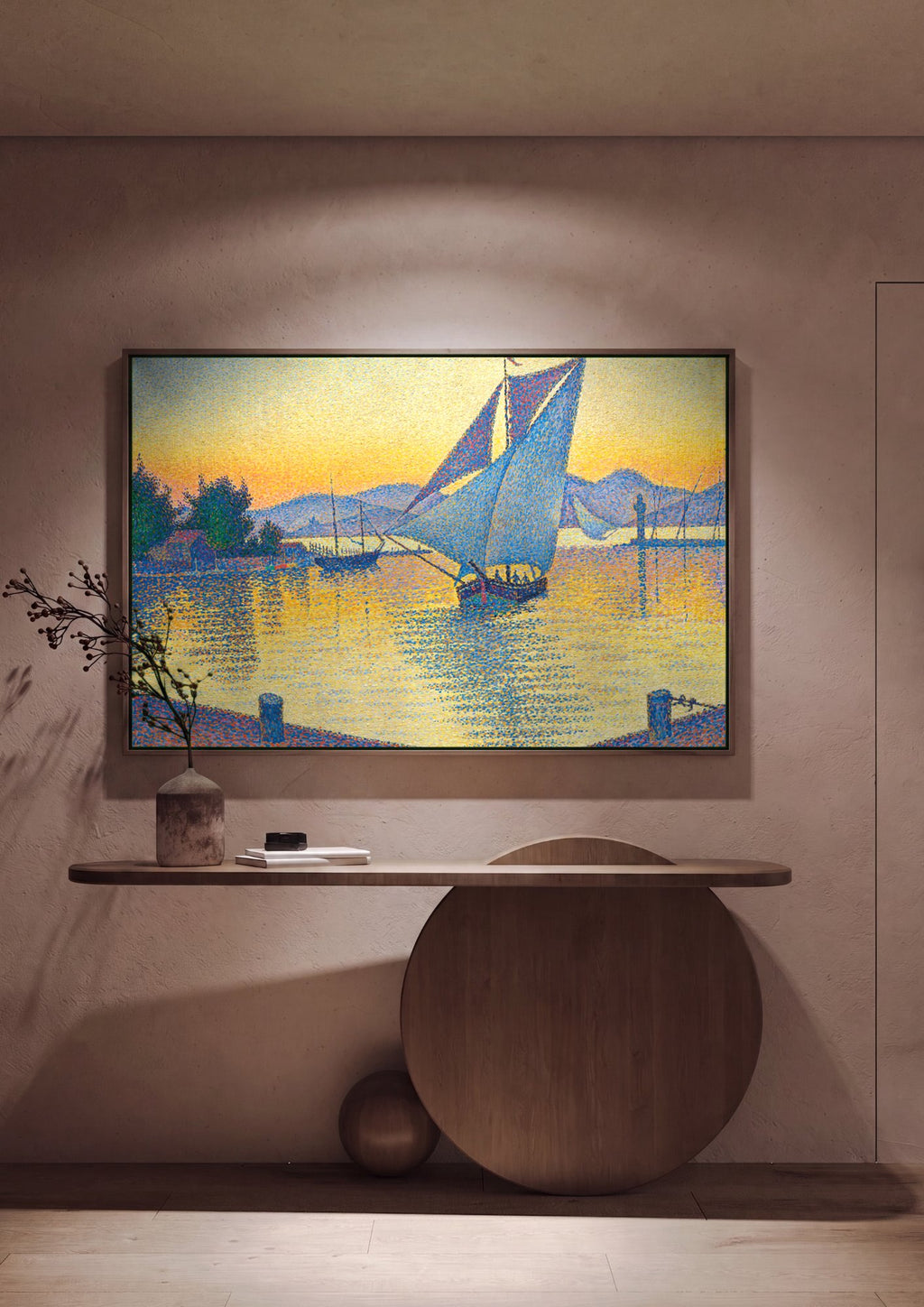 Quadro Decorativo Porto ao Pôr do Sol - Paul Signac em ambiente decorado