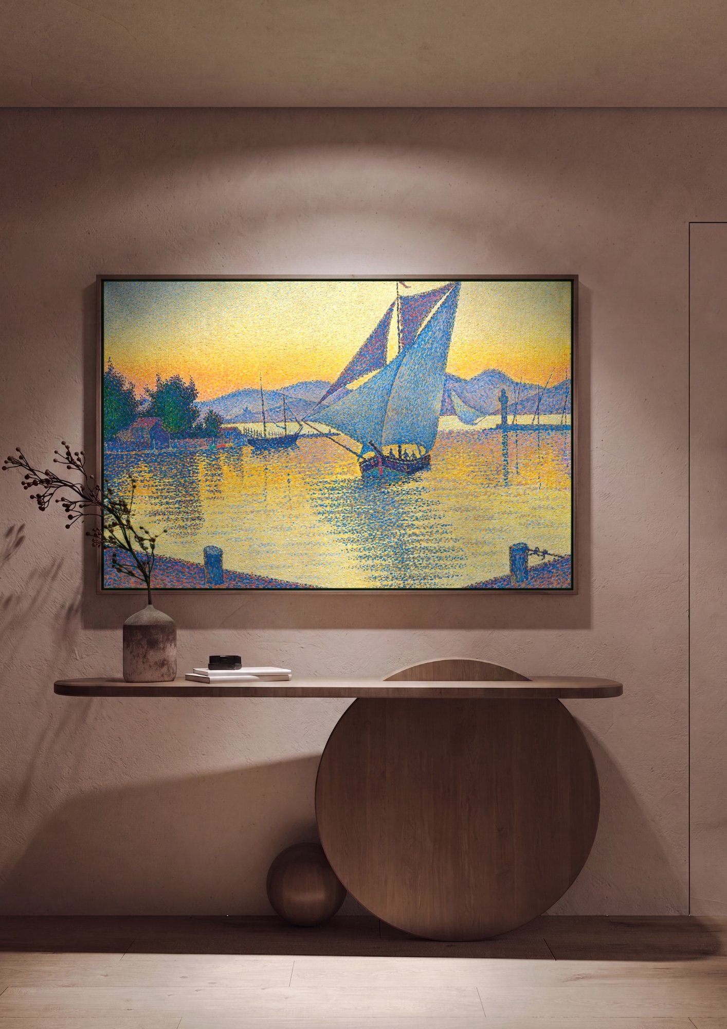 Quadro Decorativo Porto ao Pôr do Sol - Paul Signac em ambiente decorado
