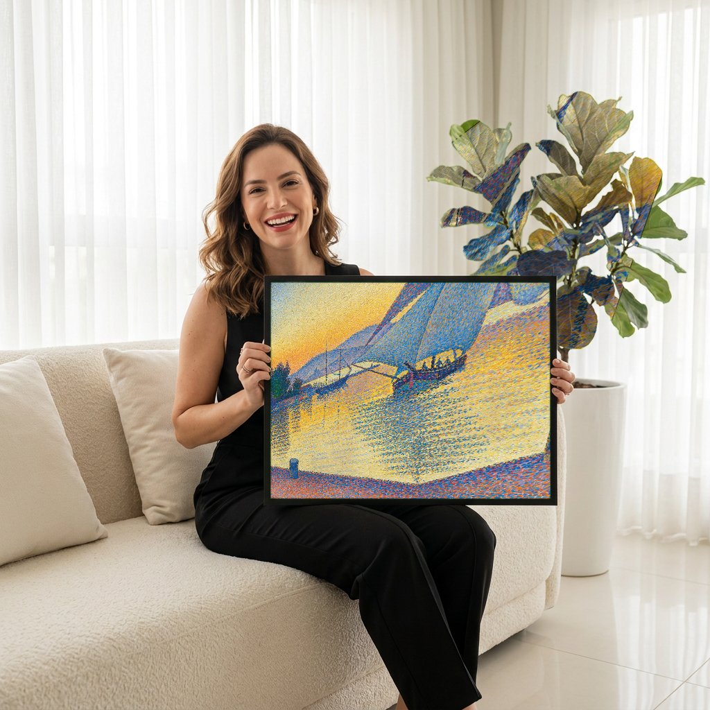 Quadro Decorativo Porto ao Pôr do Sol - Paul Signac com modelo em ambiente