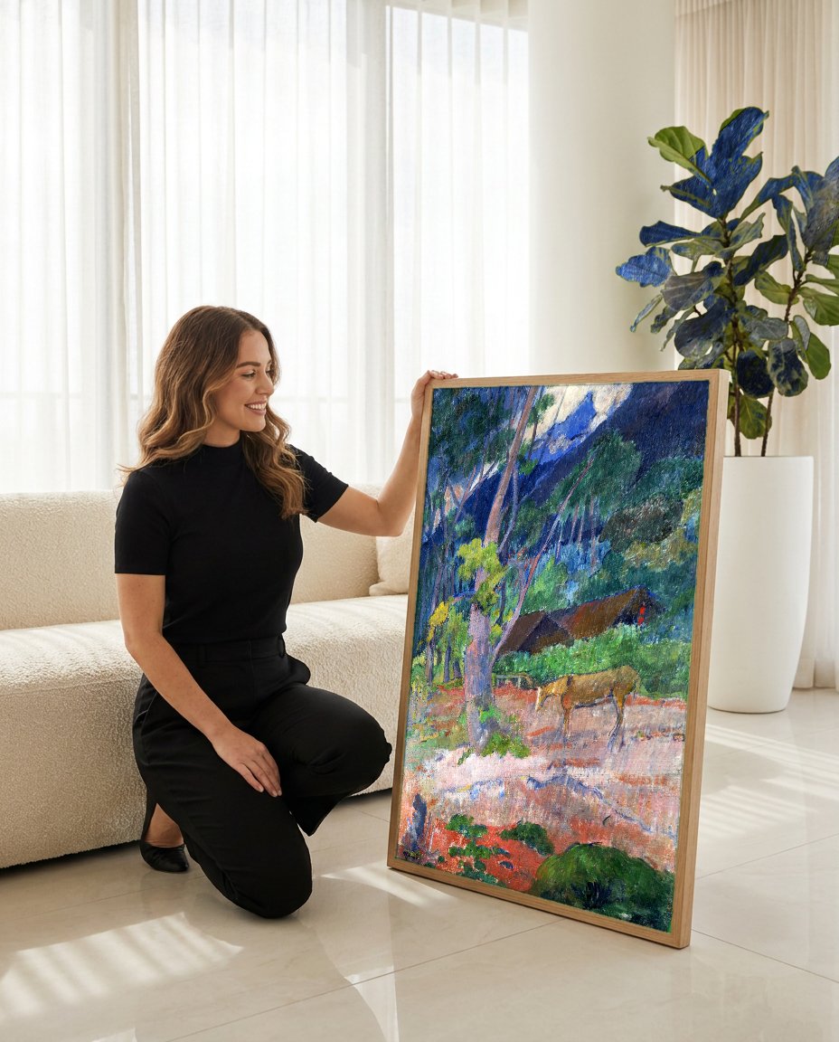 Quadro Decorativo Paisagem com Cavalo - Paul Gauguin com modelo em ambiente