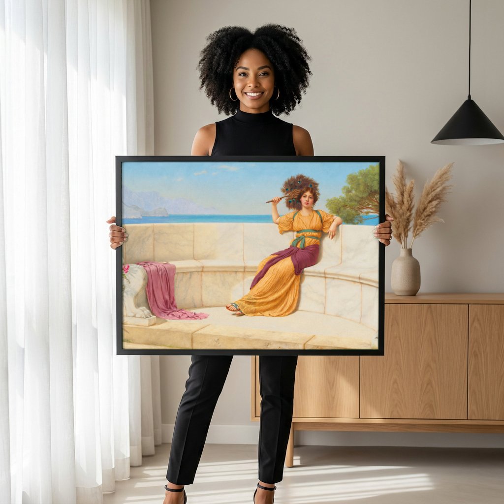 Quadro Decorativo A Lady com Leque de Pavão - Godward com modelo em ambiente