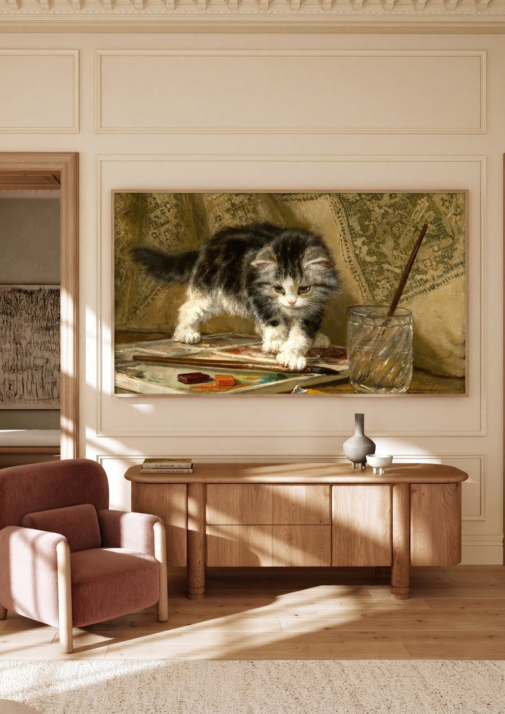 Quadro Decorativo 'Gatinho Curioso na Paleta' - Henriëtte Ronner-Knip em ambiente decorado
