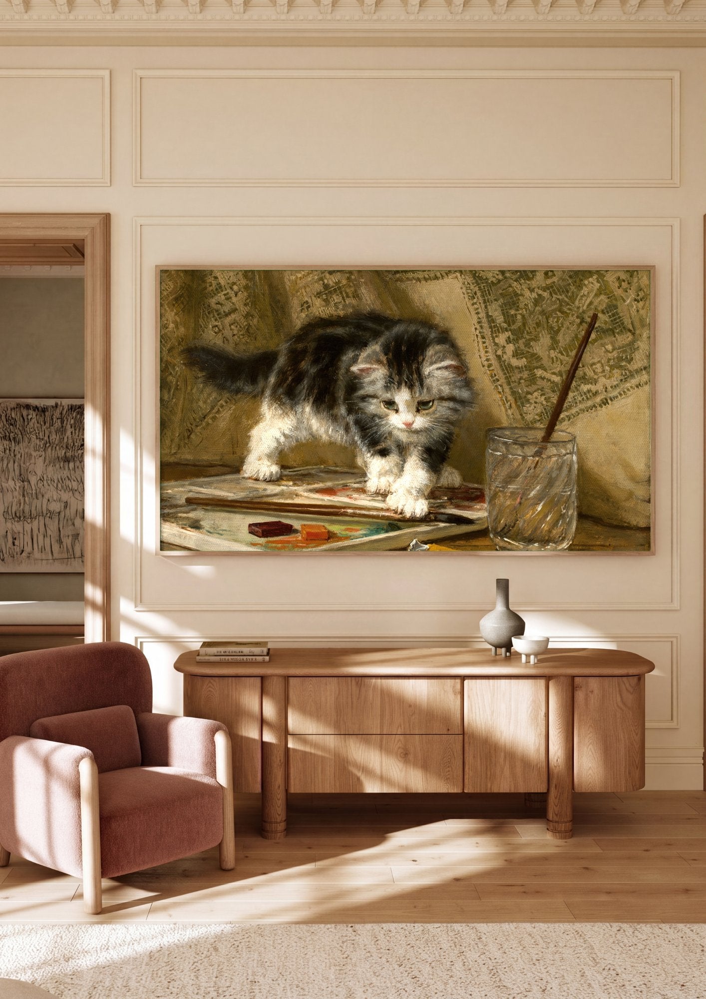 Quadro Decorativo 'Gatinho Curioso na Paleta' - Henriëtte Ronner-Knip em ambiente decorado
