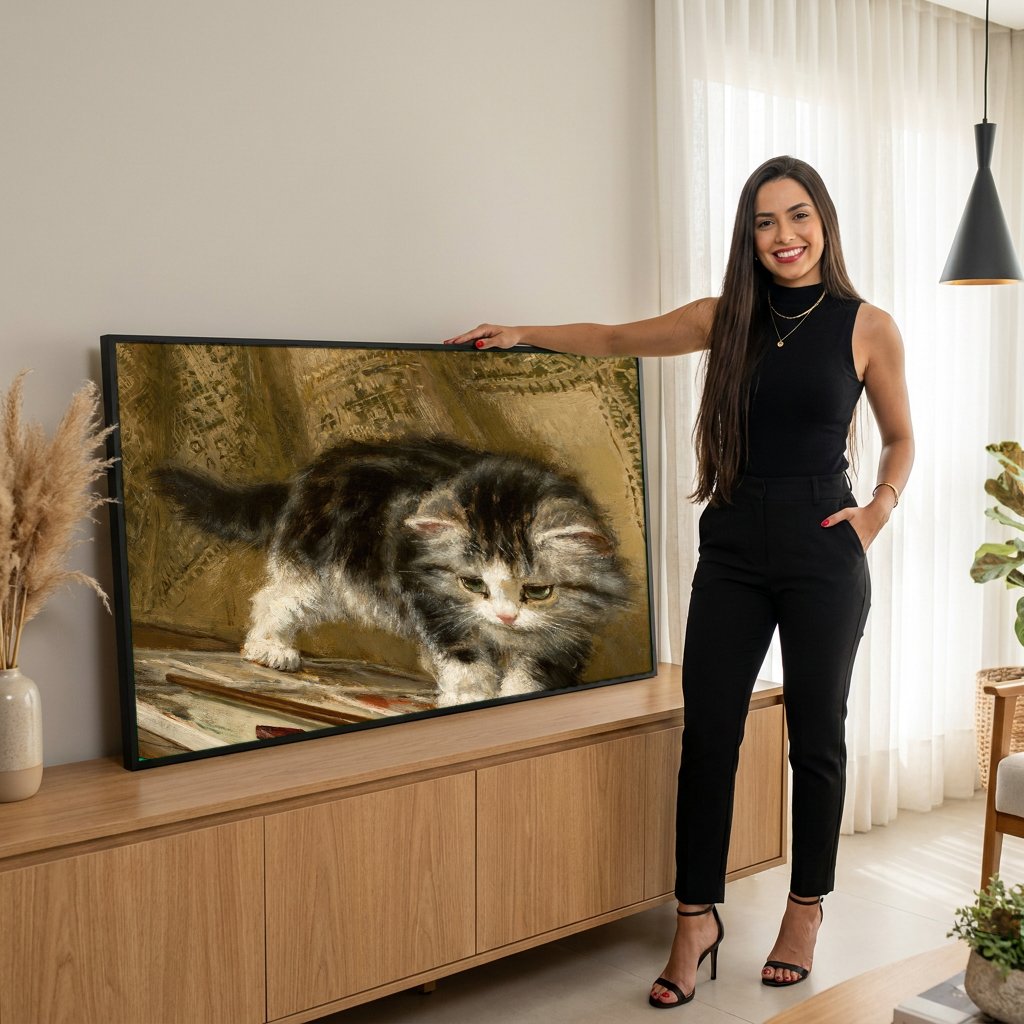 Quadro Decorativo 'Gatinho Curioso na Paleta' - Henriëtte Ronner-Knip com modelo em ambiente