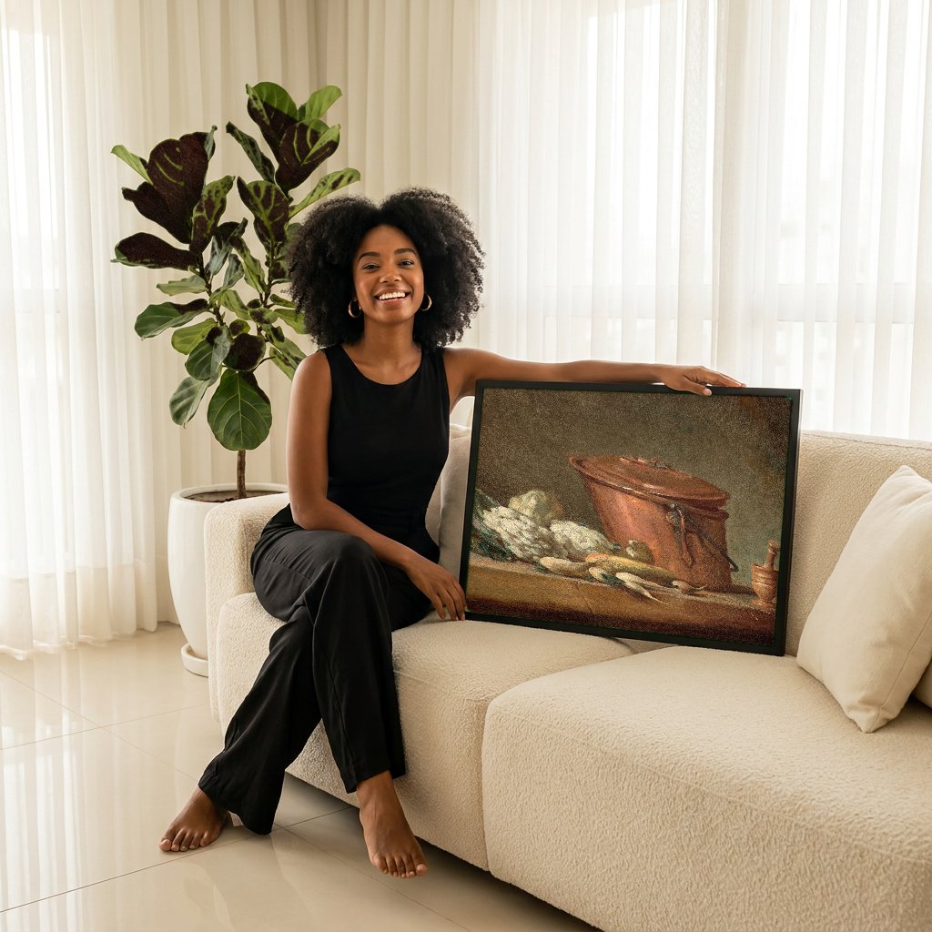 Quadro Decorativo Natureza-Morta com Panela de Cobre - Chardin com modelo em ambiente