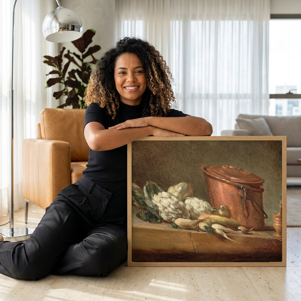 Quadro Decorativo Natureza-Morta com Panela de Cobre - Chardin com modelo em ambiente