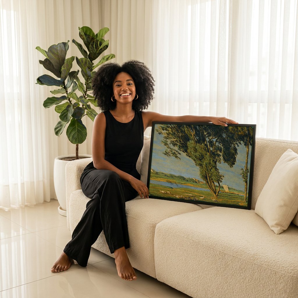 Quadro Decorativo Paisagem com Rio e Patos - Hans Thoma com modelo em ambiente
