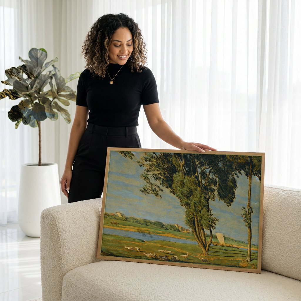 Quadro Decorativo Paisagem com Rio e Patos - Hans Thoma com modelo em ambiente