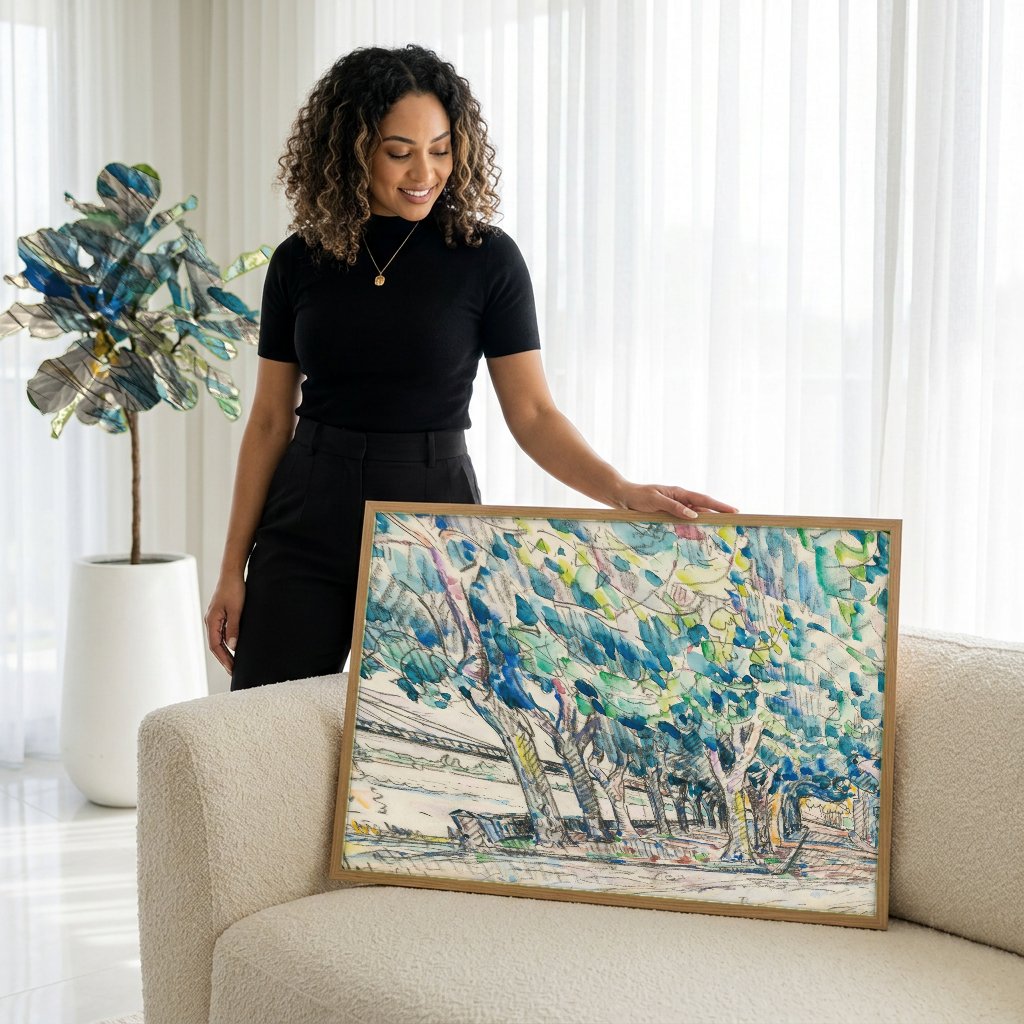 Quadro Decorativo Paisagem com Ponte - Paul Signac com modelo em ambiente