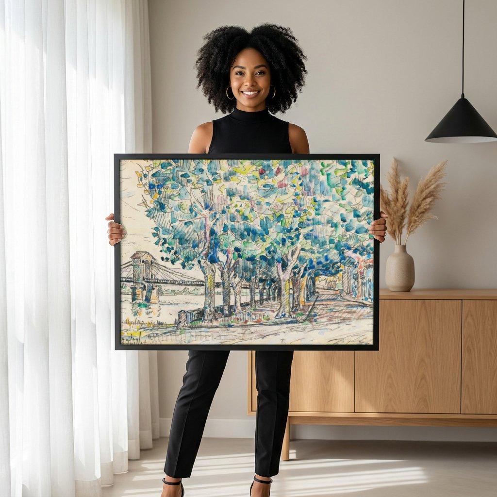 Quadro Decorativo Paisagem com Ponte - Paul Signac com modelo em ambiente