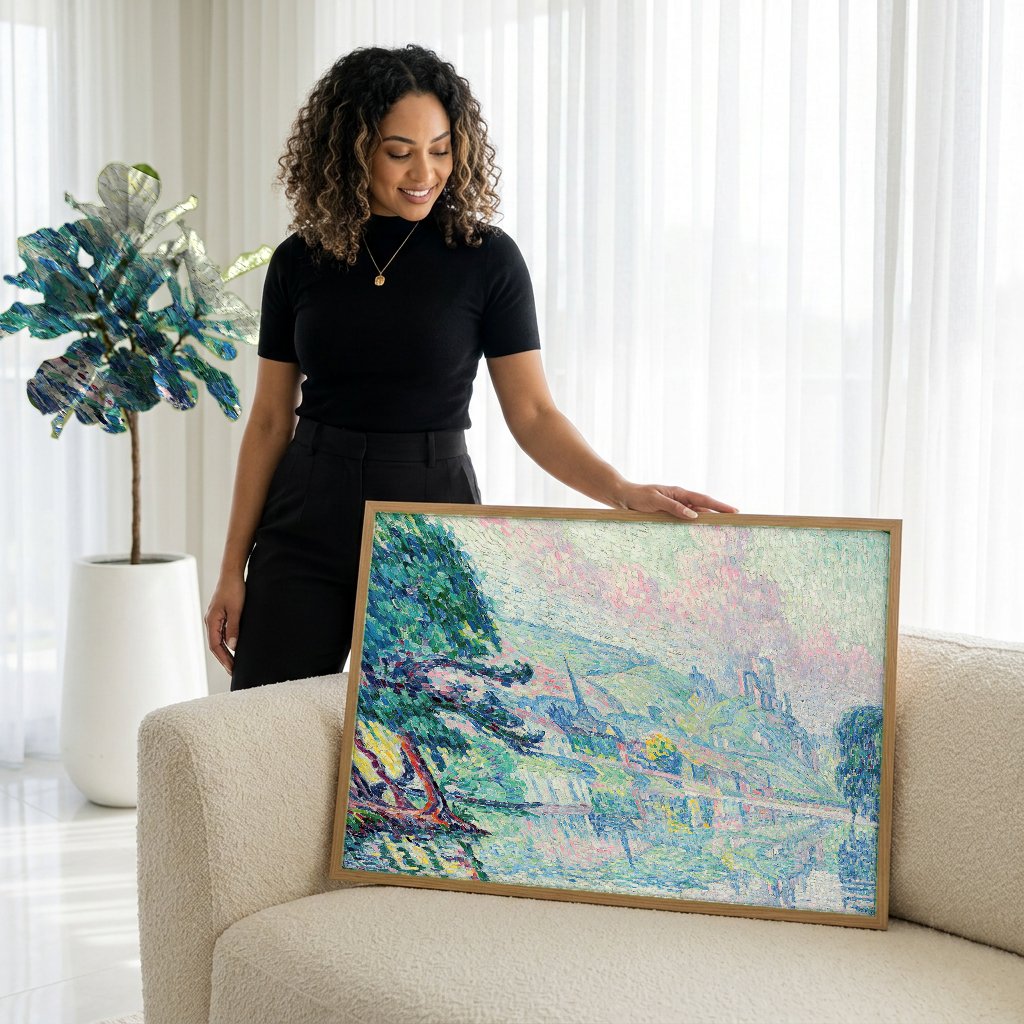 Quadro Decorativo Rio em Les Andelys - Paul Signac com modelo em ambiente