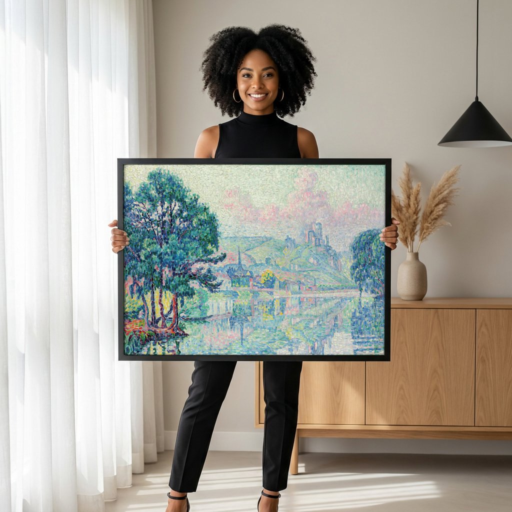 Quadro Decorativo Rio em Les Andelys - Paul Signac com modelo em ambiente
