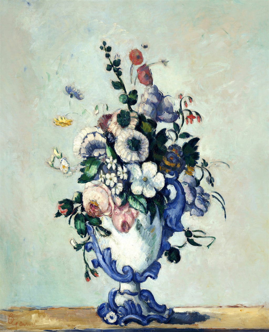 Quadro decorativo de Paul Cézanne, 'Vase of Flowers', apresentando um vaso ornamentado em tons de azul e branco com um arranjo floral exuberante em cores pastéis e vibrantes sobre um fundo claro.