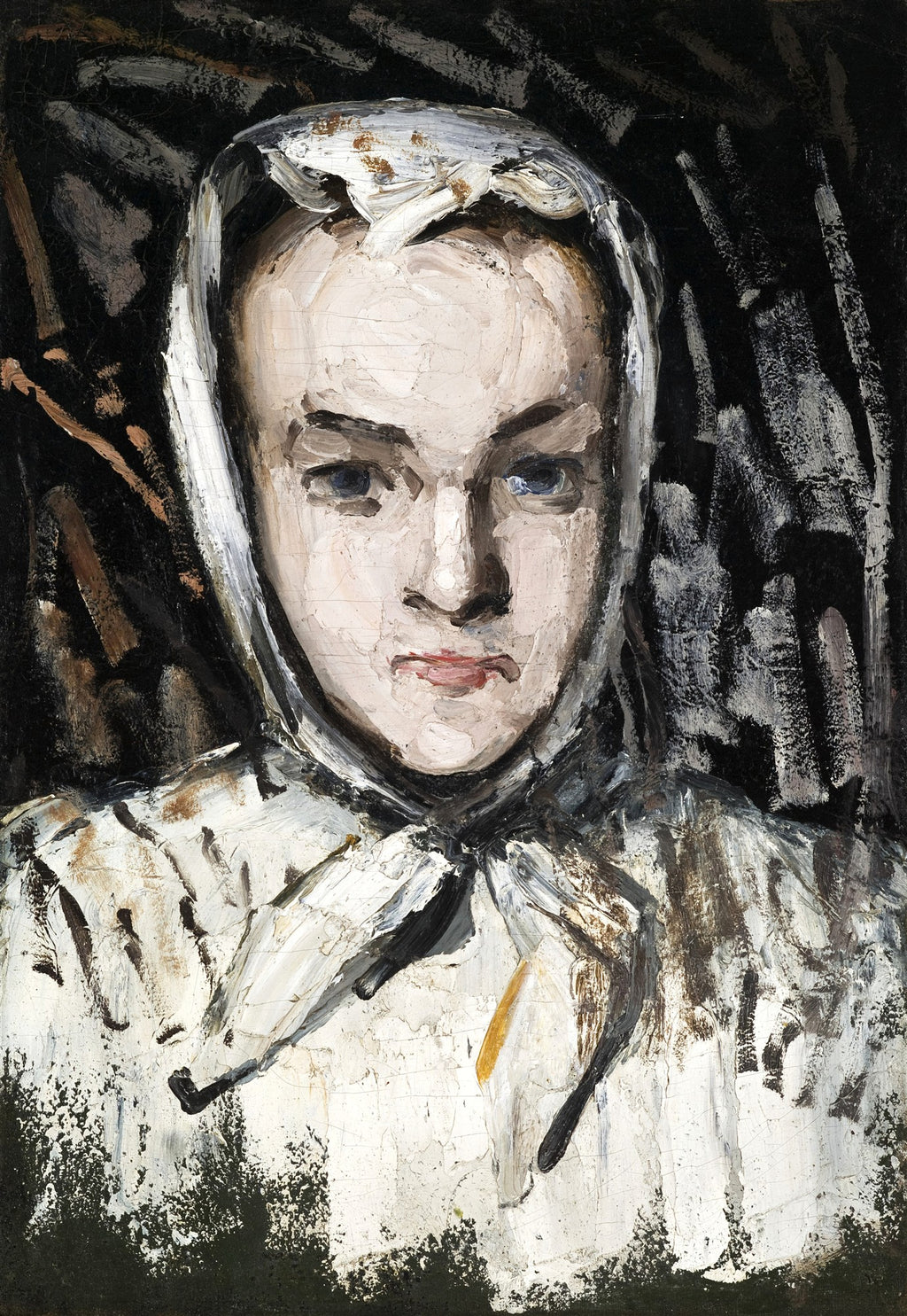 Retrato de uma mulher com lenço branco na cabeça, pintado com pinceladas marcadas e expressivas, fundo escuro. Atribuído a Paul Cézanne.