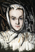 Retrato de uma mulher com lenço branco na cabeça, pintado com pinceladas marcadas e expressivas, fundo escuro. Atribuído a Paul Cézanne.