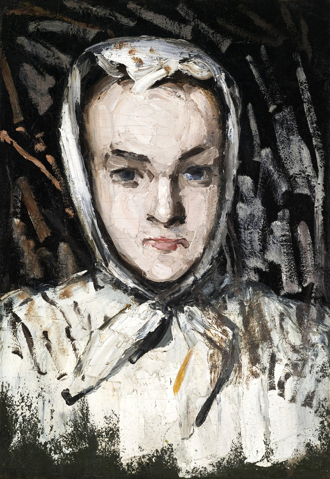 Retrato de uma mulher com lenço branco na cabeça, pintado com pinceladas marcadas e expressivas, fundo escuro. Atribuído a Paul Cézanne.