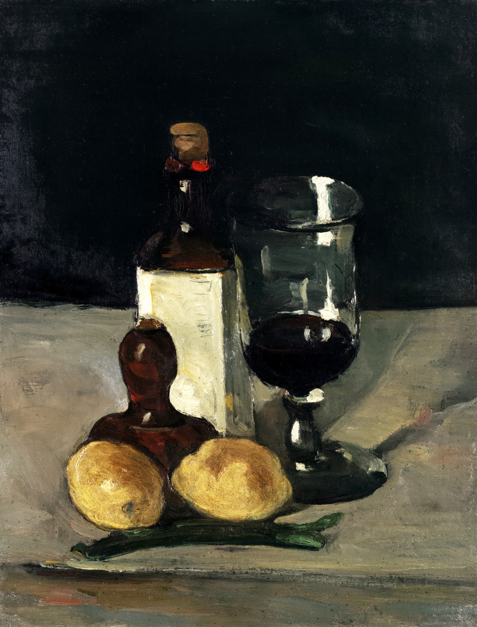Quadro decorativo mostrando uma natureza-morta de Paul Cézanne, com uma garrafa escura, um copo de vinho tinto e dois limões sobre uma superfície clara, com fundo escuro.