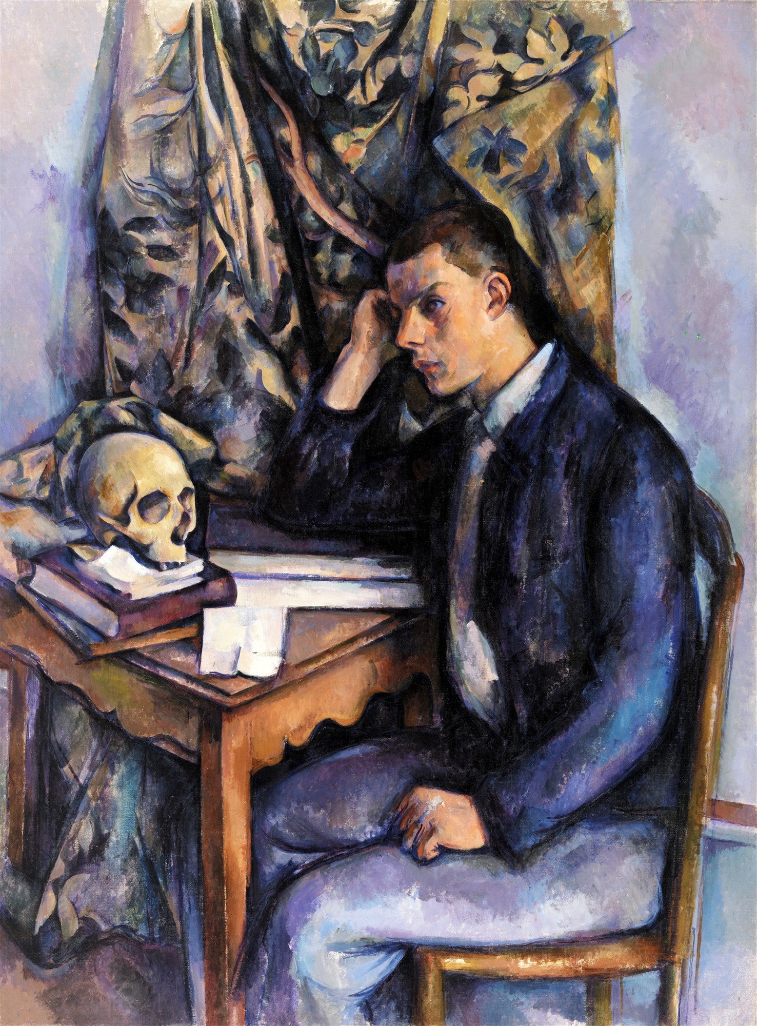 Quadro decorativo 'Jovem com Crânio' de Paul Cézanne, retratando um jovem pensativo sentado à mesa com um crânio ao lado, em tons de azul, marrom e roxo.