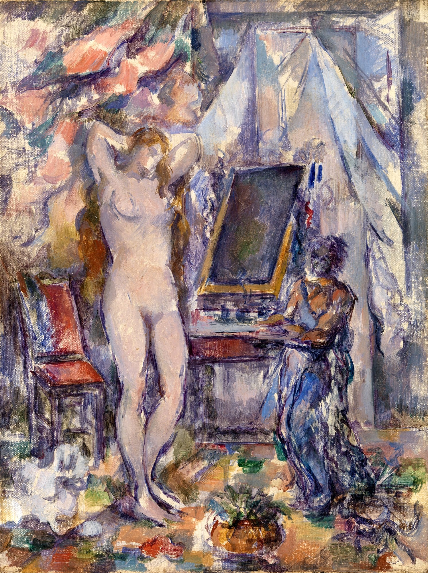 Quadro decorativo 'A Grande Banhista' de Paul Cézanne, exibindo uma figura feminina nua em pé e outra sentada, com cores vibrantes e pinceladas expressivas. A obra é um marco do pós-impressionismo, em tons de azul, rosa e ocre.