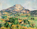 Quadro decorativo da pintura Mont Sainte-Victoire de Paul Cézanne, retratando uma paisagem com uma grande montanha, vales verdes, casas e árvores em tons de verde, azul e ocre.