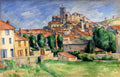 Quadro decorativo com pintura a óleo de paisagem urbana de Paul Cézanne, mostrando casas com telhados vermelhos e uma torre de igreja no topo de uma colina, com céu azul e gramado verde em primeiro plano.
